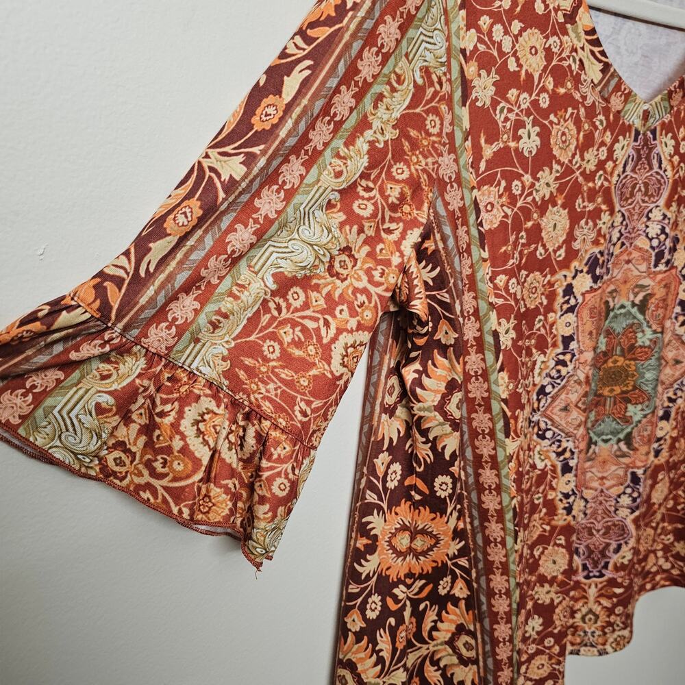 Boho Rust Blouse Floral 3/4 Sleeves SZ L | Zeagoo - Picture 2 of 5